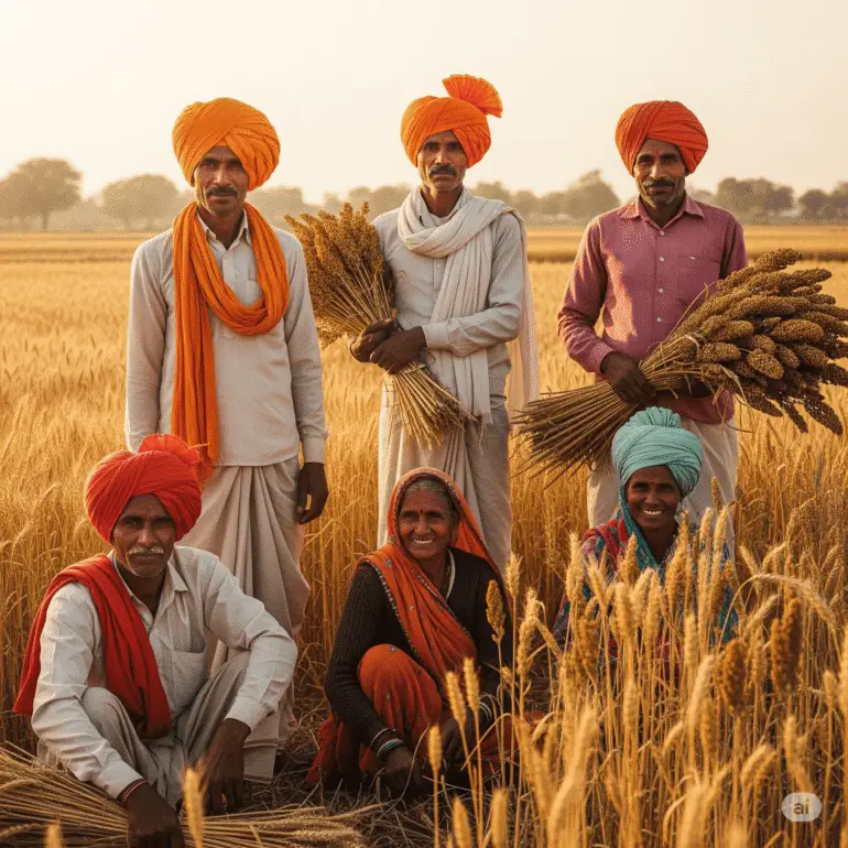 Medium shot of a group of six Indian farmers, including men and women, standing and kneeling amongst tall stalks of mature grain, holding bundles of harvested crops, smiling, under a bright, clear sky.