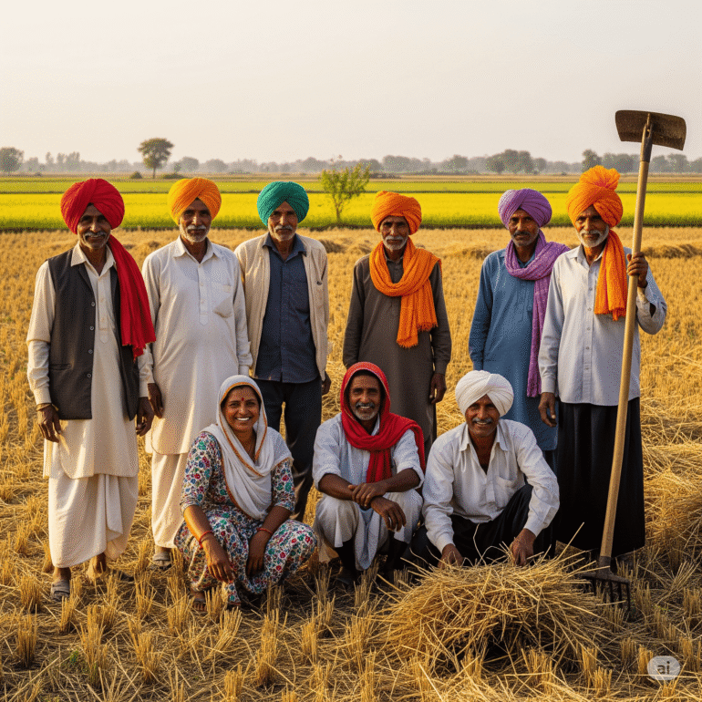 Wide shot of a diverse group of eight Indian farmers, men and women, standing and crouching together in a harvested field with colorful turbans and traditional clothing, some holding farming tools, under a warm, early morning or late afternoon light.