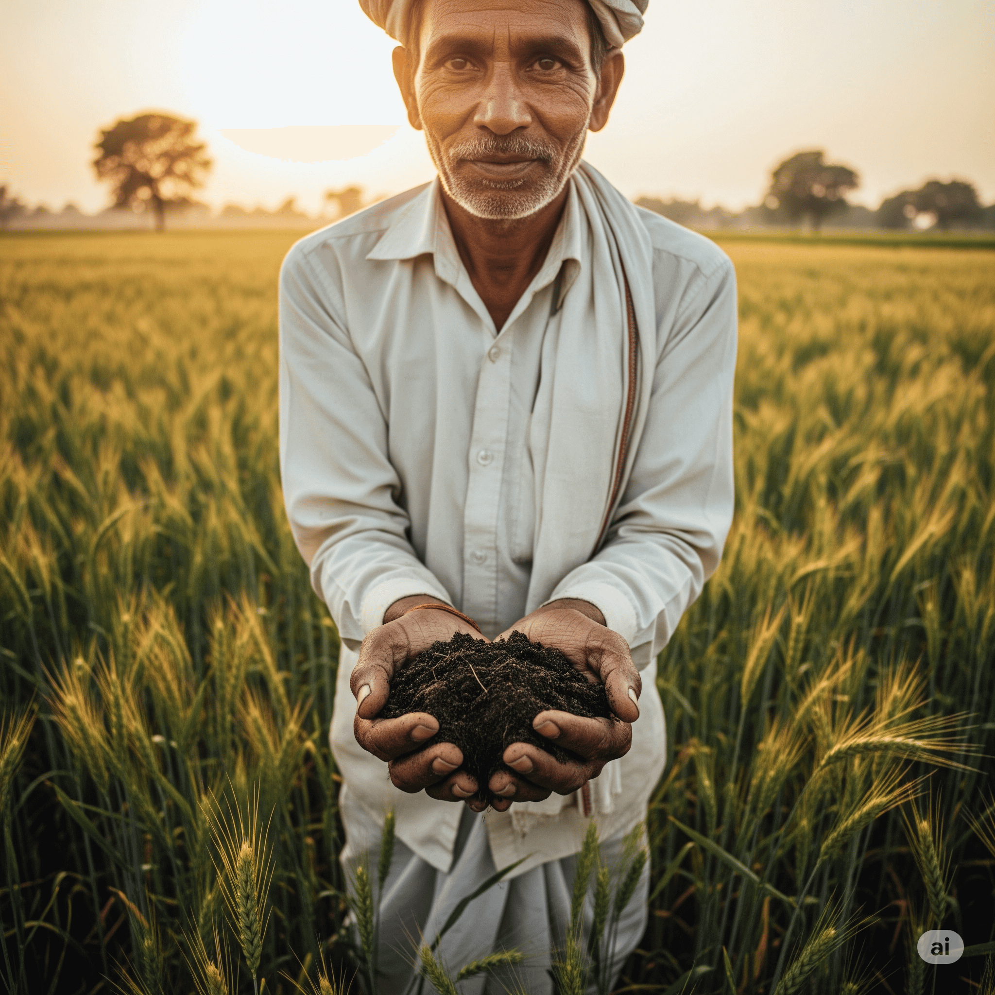 A wise Indian farmer in a field, symbolizing agricultural wisdom and the focus of Annadata Sukheebhava show on Gramin Bharati 90.4 FM.